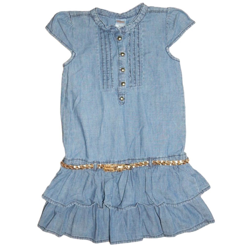 Gymboree Girls 7 Cotton Denim Sleeveless Ruffle Dress Gold Glitter Braided Belt